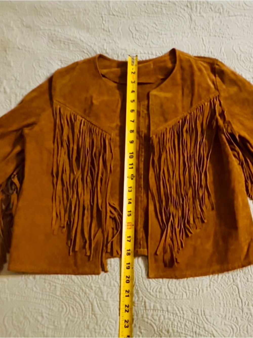 Suede tan jacket, with tassels on sleeves/back, fits sm/med, used - Picture 2 of 7